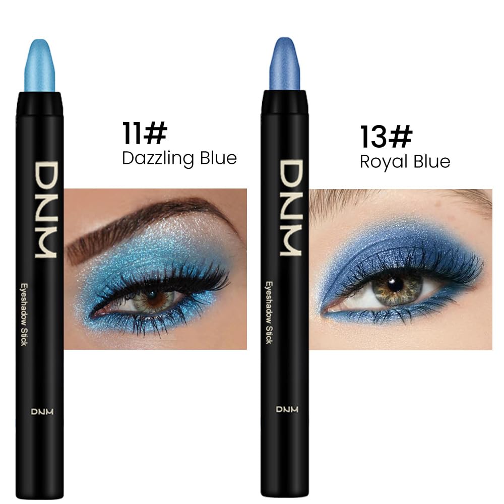 Kaely 2Pcs Bright Blue Eyeshadow Stick for Older Women, Metallic Shimmer Glitter Cream Eye Shadow Pencil Crayon, Light Blue Eyeliner Waterproof Halloween Makeup, 11+13