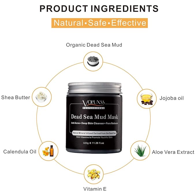 Dead Sea Mud Mask for Face and Body,Deep Cleansing Face Mask for Acne,Pore Minimizer,Natural Skincare Charcoal Blackheads Remover,Skincare Spa Clay Facial Mask for Women & Men 11.28fl.oz