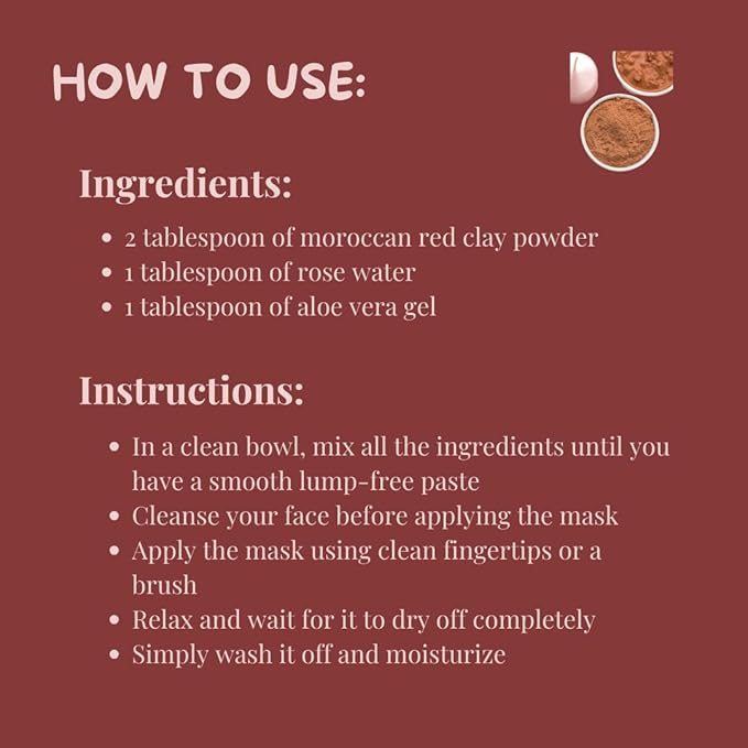 meesha Moroccan Red Clay Powder Red Clay | 3.5 oz (100g) | Detoxifying, cleansing, oil-absorbing, hair-conditioning clay | DIY face masks, body scrubs, dry shampoo, hair shampoo| 100% Natural