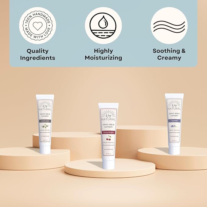 Goat Milk Lotion, Variety - Body & Hand Lotion Set - Dry Skin Relief, USA Made - Goat Milk Hand Cream for Women & Men - Lavender, Cherry Almond, Vanilla Bean - 3 (2oz) Tubes