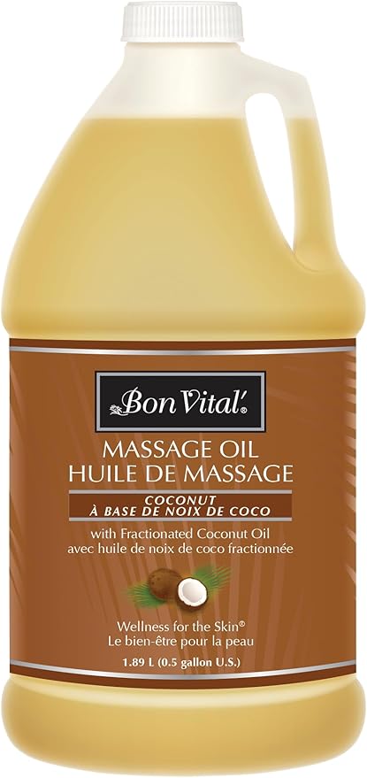 Bon Vital' Coconut Massage Oil with 100% Pure Fractionated Coconut Oil to Repair Dry Skin, Used by Massage Therapists and At-Home Use for Therapeutic Massages and Relaxation, 1 Gal, Label may Vary