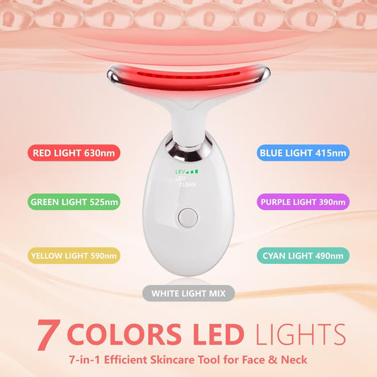 2025 New Face and Neck Massager Tool, 7 Colors LED Womens Skin Care Facial Massager for Skin Rejuvenation, Lifting, Toning, Glow Boost-White