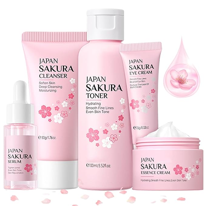Skin Care Sets for Teenage Girls JAPAN SAKURA Women Beauty Gift Sets Skincare Kit with Cleanser, Toner, Serum, Eye Cream, Face Cream Travel Pamper Sets for Women Gifts,Skin Care Sets & Kits