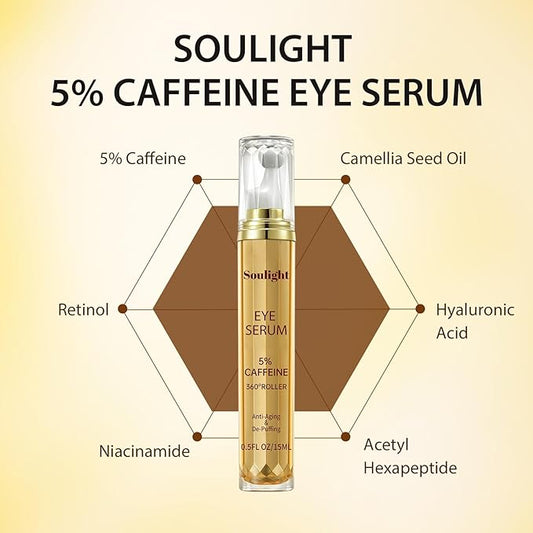 Soulight 5% Caffeine Eye Serum for Anti Aging | Reduce Dark Circles, Puffiness, Fine Lines & Wrinkles | Hyaluronic Acid & Niacinamide Moisturizer with 360° Massage Ball | Eye Balm for Men & Women
