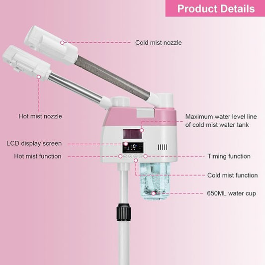 Professional Facial Steamer,2 in 1 Facial Steamers with Hot&Cool Mist, Height Adjustable Face Steamer, Pink Esthetician Steamer for Home Salon Spa