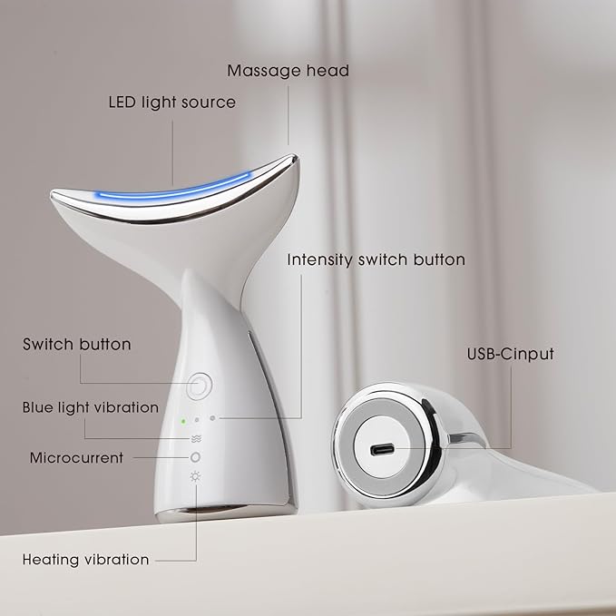 Face & Neck Massager | White LED Red-Light-Therapy-for-Face and Neck, Red Light Therapy Wand, 3 Color Led Face Neck Massager for Skin Care