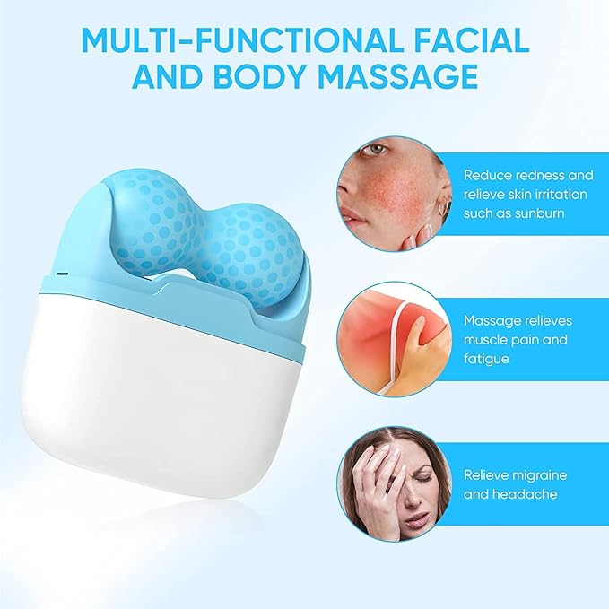 2-in-1 Ice Roller for Face Skin Care Tool Personal Skin Cooling Ice Roller Therapy Tools, Cold Facial Ice Roller Massager for Eye Puffiness, Migraine, TMJ Pain Relief & Minor Injury (Blue)