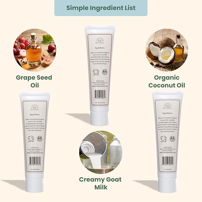 Goat Milk Lotion, Variety - Body & Hand Lotion Set - Dry Skin Relief, USA Made - Goat Milk Hand Cream for Women & Men - Lavender, Cherry Almond, Vanilla Bean - 3 (2oz) Tubes