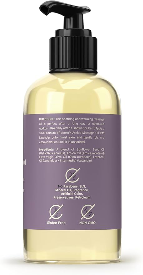 Coera Arnica Massage Oil with Lavender | 8 fl oz | Great for Sore Muscles | Free of Parabens, SLS, & Fragrances