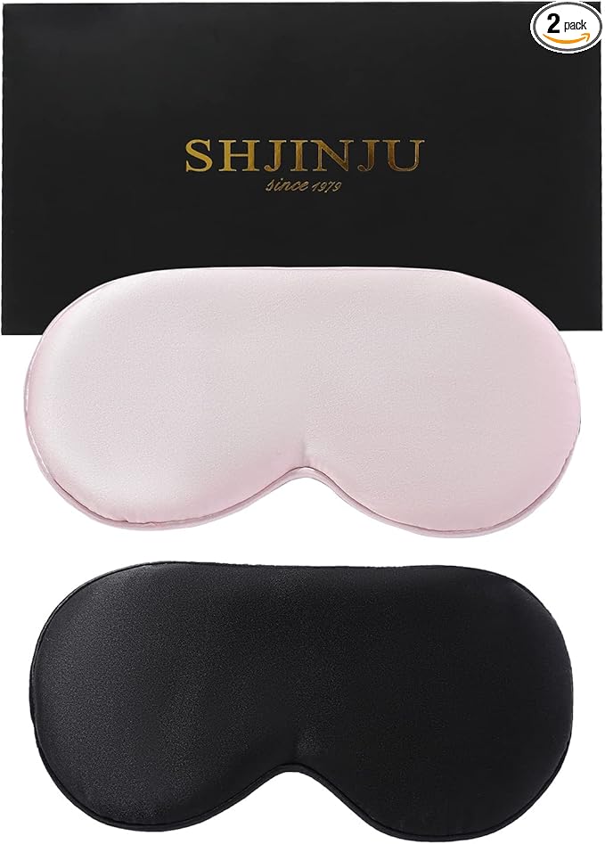 2-Pack 100% Real Natural Silk Eye Mask, Silk Sleeping Mask, Shade Puffy Eye Gift with Adjustable Straps, Sleep Eye Mask, SHJINJU Eye Mask Shade (Black and Light Pink)
