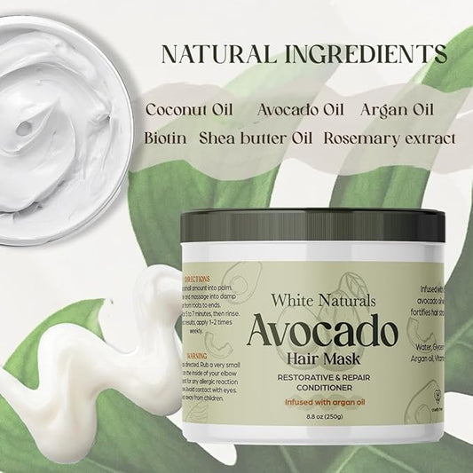 White Naturals Avocado Hair Mask Infused with Biotin for Growth and Volume, Deep Conditioning Cream for Healthy Hydrated Thick Hair, Nourishing Avocado Oil Cream to Help Restore Damaged Tips