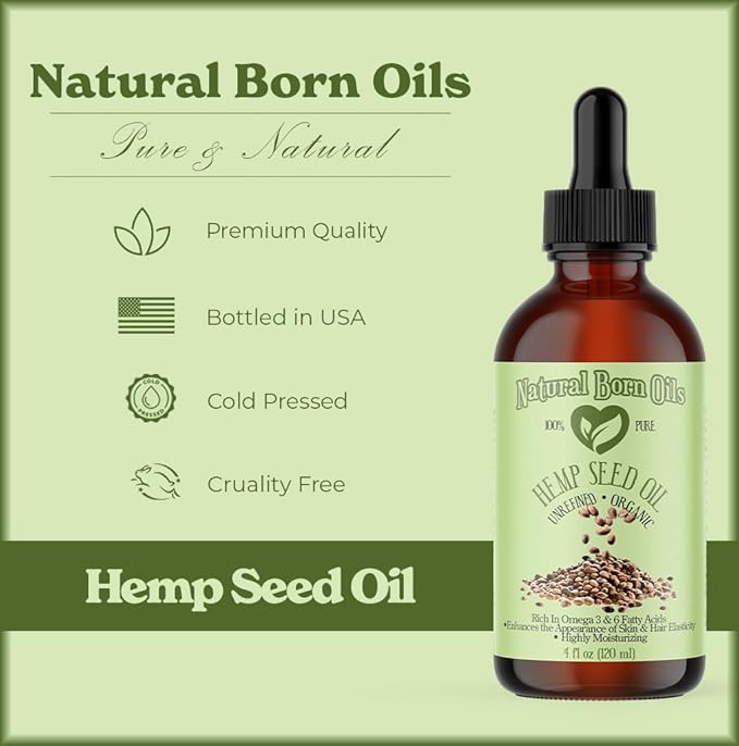 Natural Born Oils Hemp Seed Oil, 16oz, Organic, Cold-Pressed, Nutrient-Rich, Deep Skin Moisturizer, Hair Health Booster