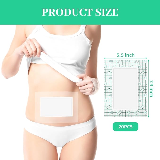 20 Pcs Disposable Clear Castor Oil Patches, Pu Film Waterproof Castor Oil Belly Button Patch, 7.9 x5.5'' Organic Cotton Pads Self-Adhesive, Hypoallergenic, Suitable for Navel, Abdomen, (Oil-Free)