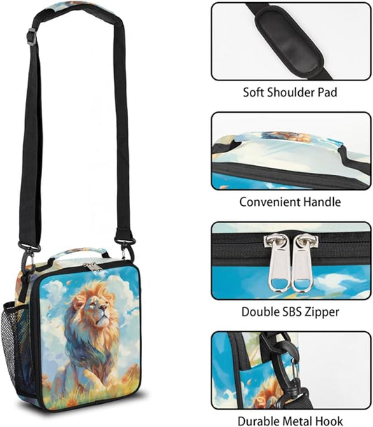 Animal Lunch Box for Kids, Watercolor Lion Grassland Lunch Bag for Boys Girls, Reusable Insulated Waterproof Lunch Box with Adjustable Shoulder Strap Thermal Cooler Tote Bag for School Daycare Picnic