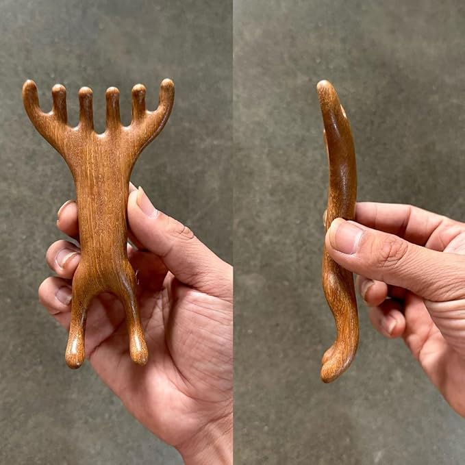 Golden Sandalwood Massager Tool Eye Massage Device Scalp Gua Sha Wooden Comb Forehead Massage Tools with Gift Box (5+2-Claws)