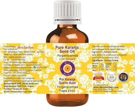 Deve Herbes Pure Karanja Seed Oil (Pongamia pinnata) Cold Pressed 15ml (0.50 oz)