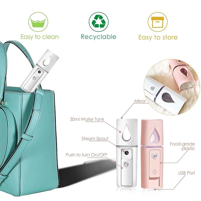 GIVERARE 2 Pack Nano Facial Steamer, Handy Mini Mister with Mirror, USB Rechargeable Mist Sprayer, Visual Water Tank Moisturizing&Hydrating for Face, Makeup, Skin Care, Eyelash Extensions-Pink