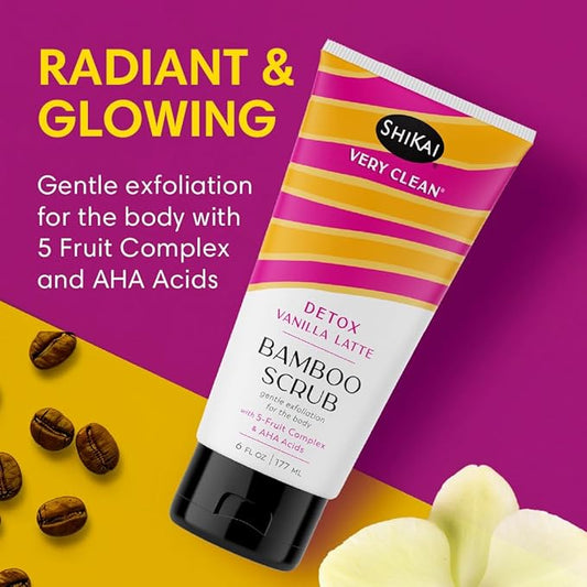 ShiKai Very Clean Bamboo Body Scrub (Detox Vanilla Latte, 6 oz) | Gentle Hydrating & Exfoliating Skin Cleanser | With 5 Fruit Complex & AHA Acids