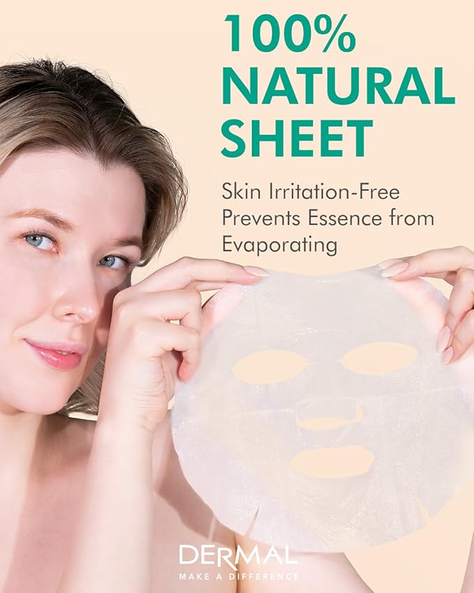 DERMAL Aloe Collagen Essence Facial Mask Sheet 23g Pack of 10 - Skin Revitalizing & Soothing, Refreshing and Moisturizing, Sunburn Relief, Daily Skin Treatment Solution Sheet Mask