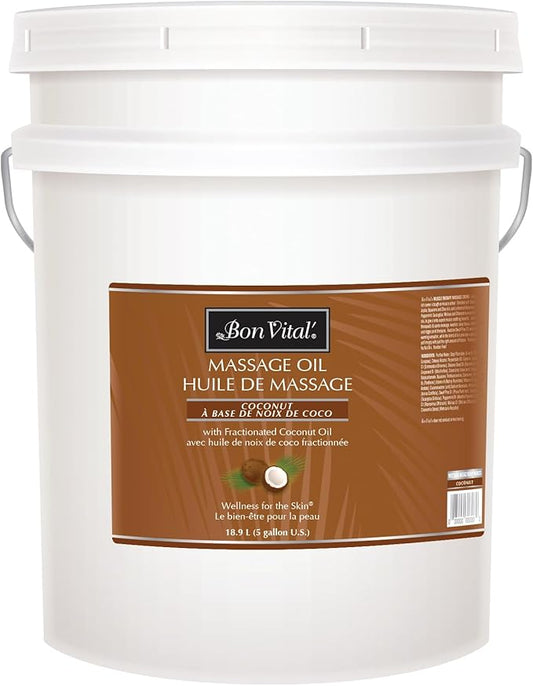 Bon Vital' Coconut Massage Oil with 100% Pure Fractionated Coconut Oil to Repair Dry Skin, Used by Massage Therapists and At-Home Use for Therapeutic Massages and Relaxation, 5 Gal, Label may Vary