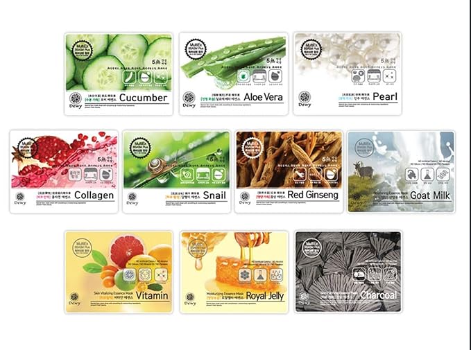 TNB Dewy Korean Essence Face Mask, Moisturizing Mask Sheet Pack, Korean Skin Care For All Skin Types (10 Combo)