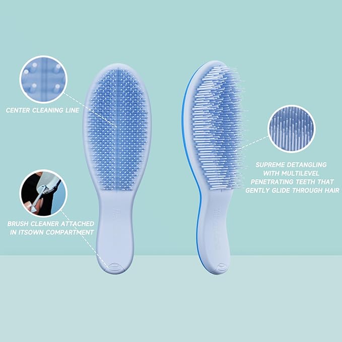 Supreme Brush + Cleaner, Gentle Detangling, Detangler Hair Brush for All Hair Types. For use on Wet or Dry Hair (Blue)