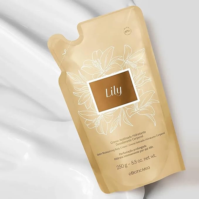 O Boticário Lily Satin Moisturizing Body Cream REFILL POUCH, 24 Hour Fragranced Body Butter for Dry Skin, 8.8 Ounce (250g)