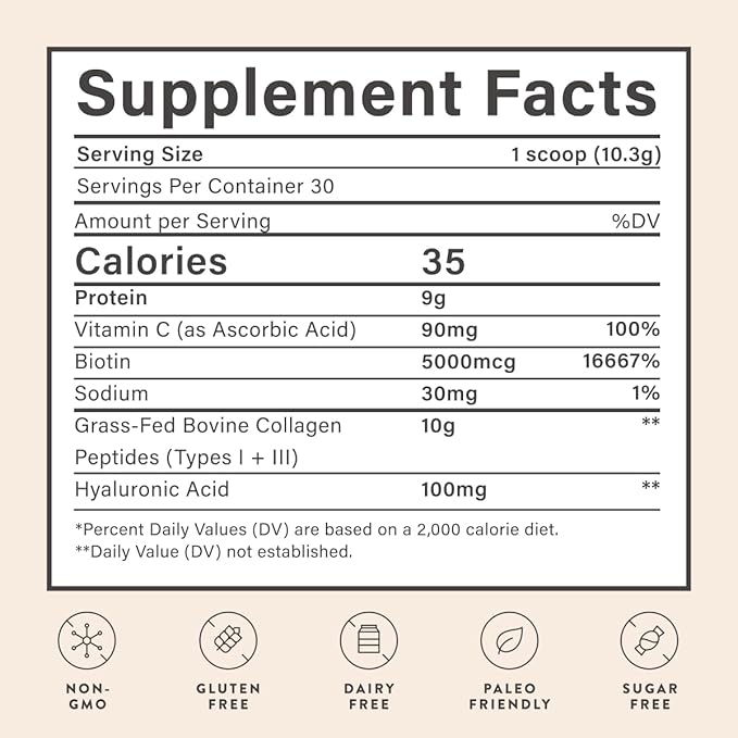 Beam Collagen Powder, Collagen for Women, Collagen with Hyaluronic Acid, Collagen Peptides Type 1 and 3, with Biotin, Grass Fed Bovine, Third-Party Tested, Best for Coffee, Vitamin C, 30 Servings