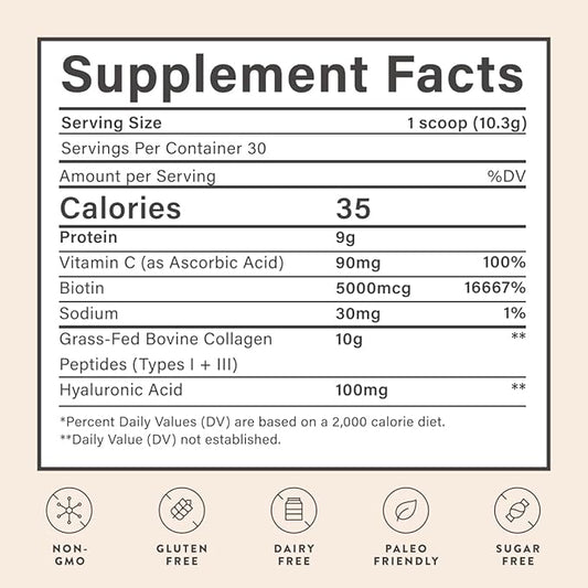 Beam Collagen Powder, Collagen for Women, Collagen with Hyaluronic Acid, Collagen Peptides Type 1 and 3, with Biotin, Grass Fed Bovine, Third-Party Tested, Best for Coffee, Vitamin C, 30 Servings