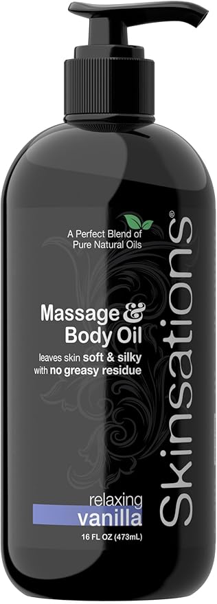 Skinsations - Vanilla Massage Oil for Massage Therapy - 16oz | Silky-Soft Blend of Sweet Almond, Fractionated Coconut, Grapeseed and Jojoba Oil | Scented Body Oil, Sore Muscles, Aromatherapy