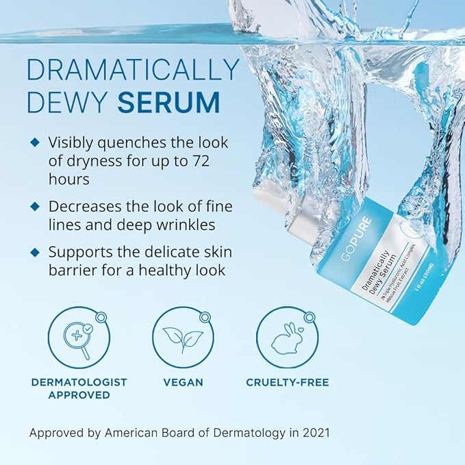 goPure Hyaluronic Acid Dramatically Dewy Serum - Hyaluronic Acid Serum for Face in a Nourishing Formula with Aloe Vera and Hibiscus Extract for Visibly Hydrated, Smoother-Looking Skin - 1 fl oz