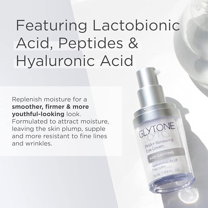 Glytone Age-Defying PHA+ Renewing Eye Cream for Wrinkles| Anti aging Under Eye Cream with Hyaluronic Acid Peptides| Targets Puffiness, Bags, Wrinkles & Dark Circles| Brightening Moisturizer| 0.5 Fl oz
