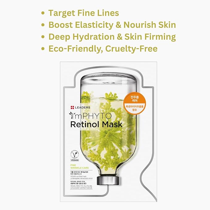 I'MPHYTO Leaders Facial Mask 10 Sheet Retinol Vegan Mask | Anti-Aging & Fine Wrinkle Skin Care | Plant-Based Rock Samphire, Carrot Extract & Natural Cellulose Sheet