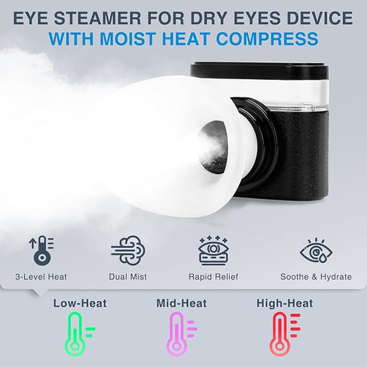 Eye Steamer for Dry Eyes Relief,Portable Electric Heated Steam Therapy Wand Machine with Moist Heat for Natural Tears Restore,Dry Eye Mist Sprayer with Warm Compress and 3 Level-Heat (Black)