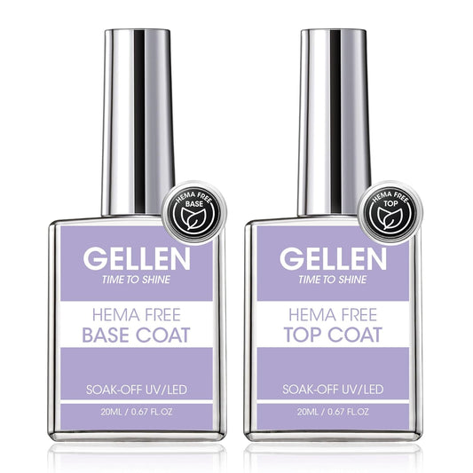 GELLEN 20ml Gel Base and Top Coat, Hema-Free Glossy Top Coat and Base Coat for Gel Nail Polish, No Wipe Soak Off Curing Needed Clear Nail Polish, Easy DIY Manicure Set