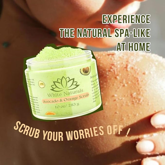 Organic Avocado & Orange Body Scrub Moisturize & Soften Skin, Pure Natural Skincare Exfoliator, Shower Salt Scrub For Exfoliating Dead Skin cells, Body Scrubber & Face Cleanse with Essential Oils