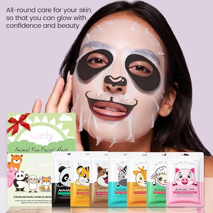 Kaely 7 Pack Animal Character Sheet Masks, Face Masks for Kids Teens Skin Care, Korean Soothe Facial Mask for All Skin Types, Girls Night Skincare Spa Party, Birthday Gifts for Women Men, Set01