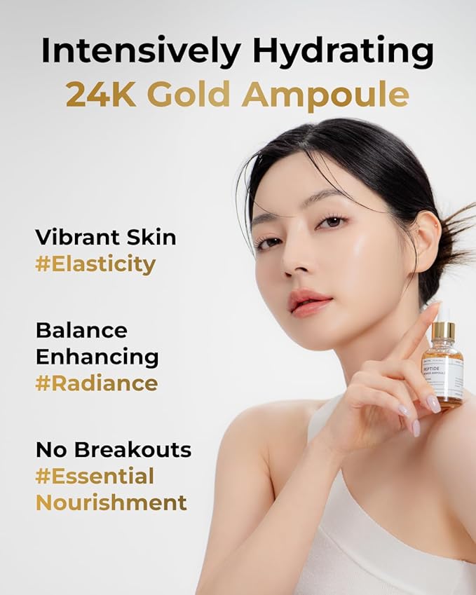 BOM COSMETICS Peptide Power Ampoule 1.01 Fl Oz, Penta-Peptide with 24k Gold Thread and 99% Pure Gold for Skin Collagen Boost, Firming Serum to Improve Elasticity and Radiance, Korean Skin Care
