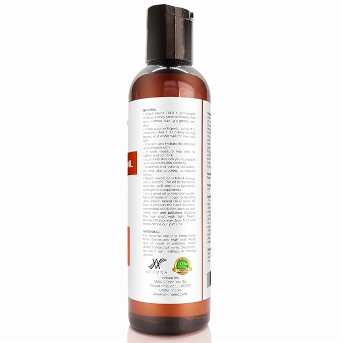 velona Peach Kernel Oil 4 Fl Oz | 100% Pure and Natural Carrier Oil | Refined, Cold pressed | Cooking, Skin, Hair, Body & Face Moisturizing | Use Today - Enjoy Results