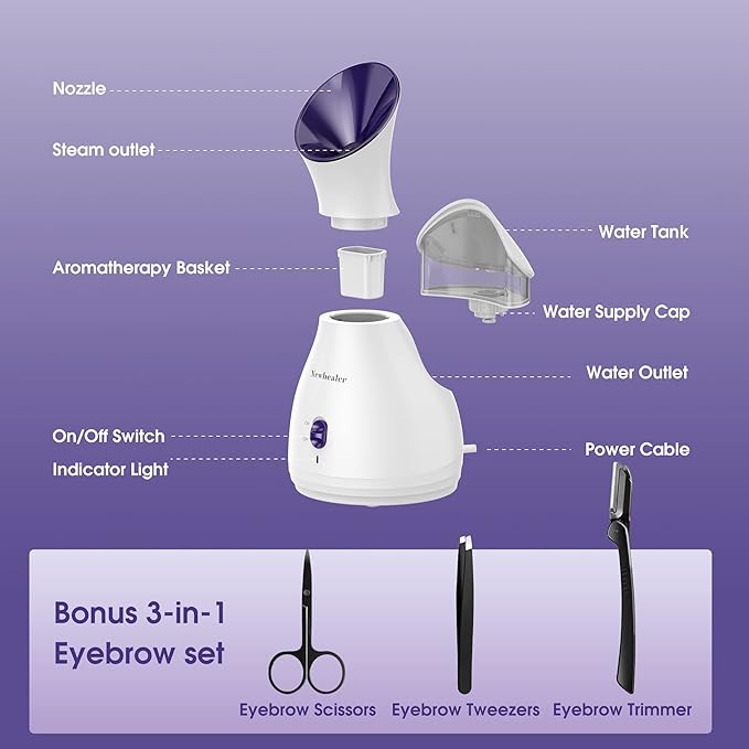 Newbealer 2in1 Facial Steamer, Hot Mist Facial Aromatherapy Humidifier Atomizer, Large Face Steamer Unclogs Pores Sinuses Moisturizing, Home Sauna Spa with Eyebrow Set (Purple, 170 ml)