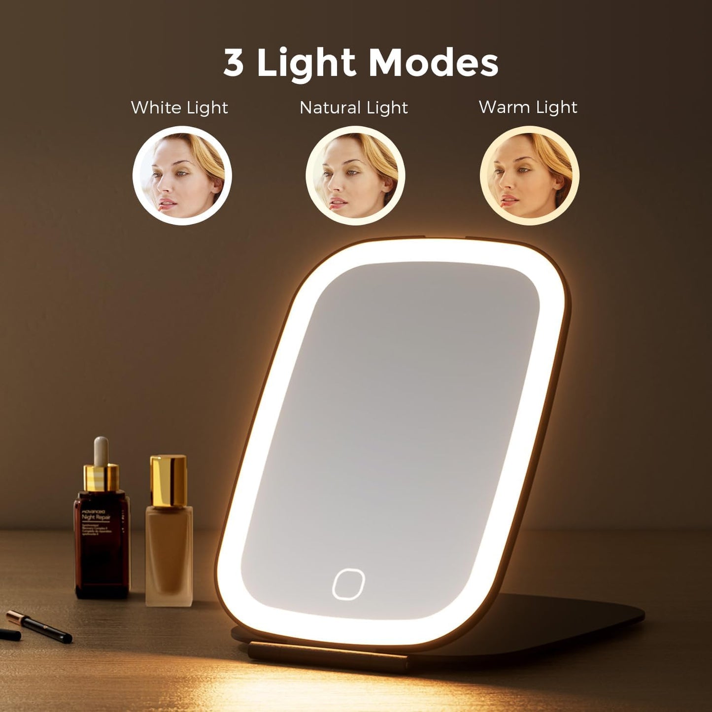 Rechargeable Travel Mirror with Light, Portable Mirror, 3 Color Light, 7.5 inch Ultra Thin and Lightweight LED Folding Makeup Mirror (Black)