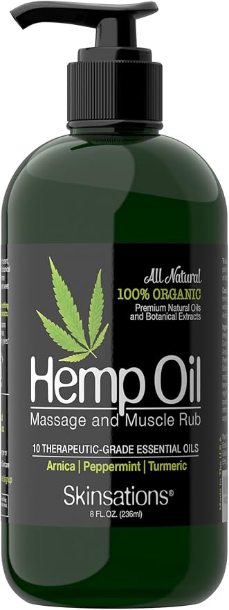 Skinsations – Hemp Massage Oil & Sore Muscle Rub | 100% Organic, 10 Essential Oils for Natural Relief, Arnica, Turmeric, Peppermint, Lavender in a Sweet Almond Oil and Hemp Seed Oil Base