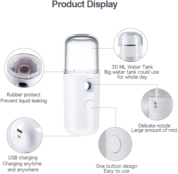 Nano Mist Sprayer Portable for Home, Office, Car, Hydrating Facial Mist and Skin Care (White)