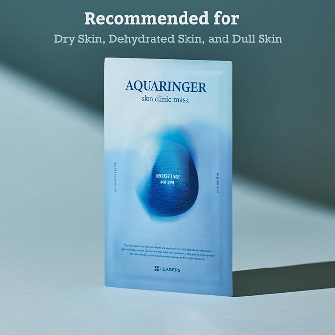 LEADERS Aquaringer Skin Clinic Mask | Intensive Hydration & Moisture Replenishment | Soothes & Calms Irritated Skin | Refreshes Dry, Dehydrated Skin | Suitable for All Skin Types - 10 Sheets