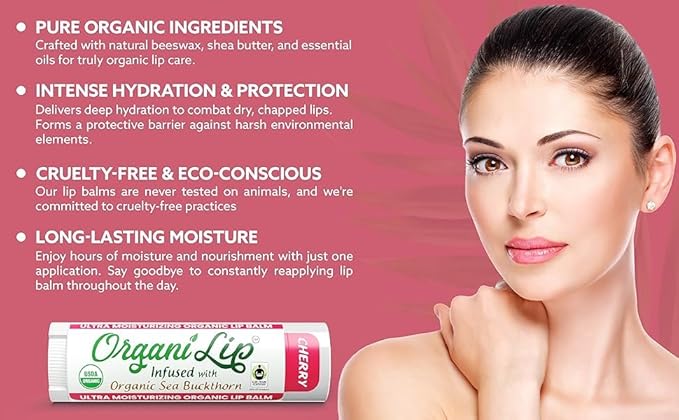 OrganiLip Organic Lip Balm, Cherry Flavor, Ultra Hydrating Lip Moisturizer for Cracked or Dry Lips, Infused With Organic Sea Buckthorn, Oval Shaped Tube, USDA Certified Organic, 1 Pack