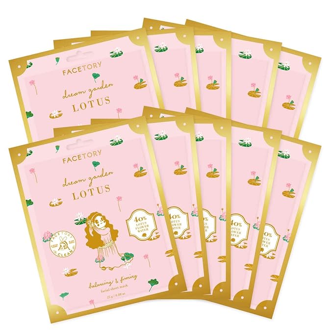 FACETORY Dream Garden Lotus Mask (Pack of 10)- Biocellulose Material, Balancing, Nourishing, Toning