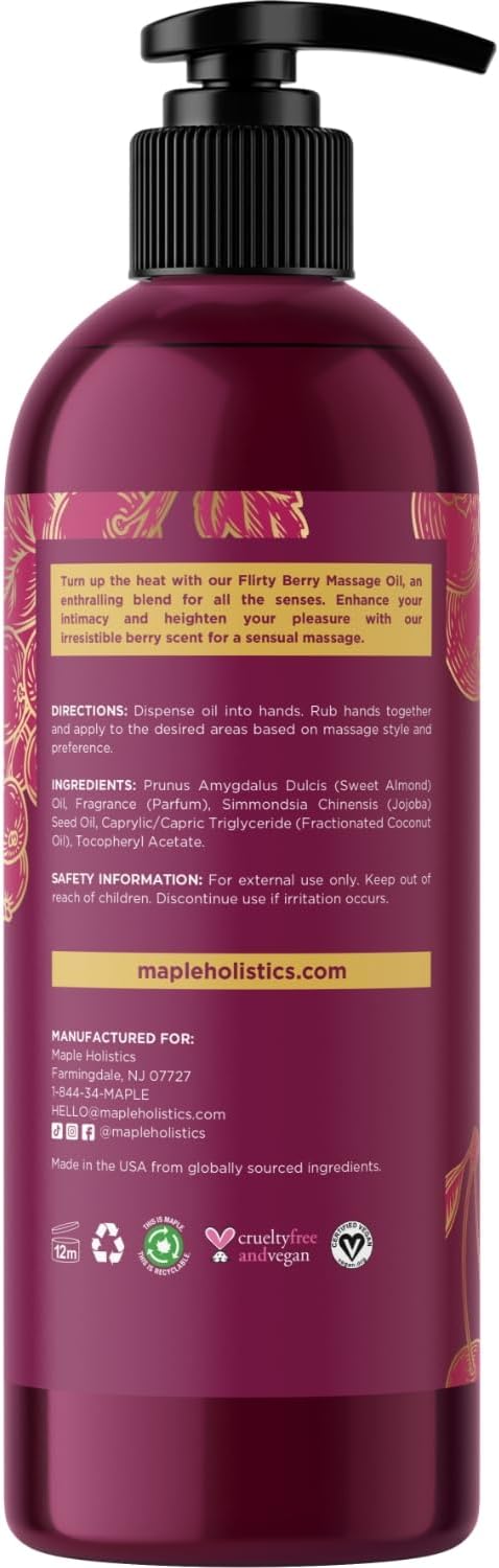 Berry Sensual Massage Oil for Couples - Fun and Fruity Full Body Massage Oil for Date Night with Smooth Gliding Coconut and Sweet Almond Oil with Tempting Berry Scent - Non GMO Gluten Free and Vegan