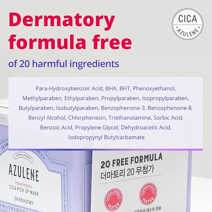 DERMATORY Hypoallergenic Cica Pick Up Mask, Thin Sheet Masks (0.2mm), Gentle, Moisturizing, Soothing, Healing, Calming Cica Skincare, Centella Asiatica, Guaiazulene, Panthenol (30 Sheets)