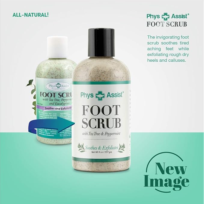 PhysAssist Foot Scrub 8 oz. with Tea Tree, Peppermint Soothes and Exfoliates Promoting a Deep Cooling Sensation Leaving Feet Feeling Calm and Refreshed.