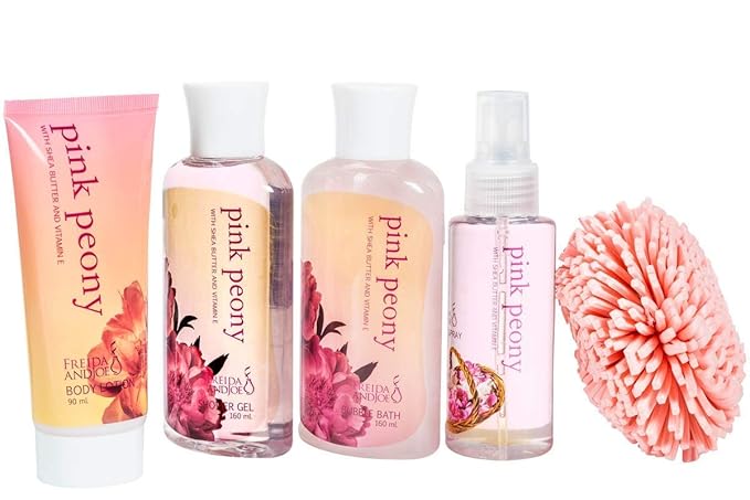Pink Peony Bathroom Bath Set for Women, Complete Skincare Products in a Natural Wood Plant Box, Body Lotion, Shower Gel, Bubble Bath, Body Spray, Puff Mother’s Day Gift for Mom